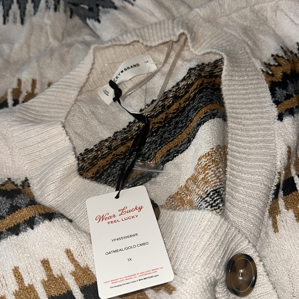 NWT LUCKY BRAND  Geometric Cardigan Sweater Dress In Cream/black /Tan 1X - Picture 7 of 9